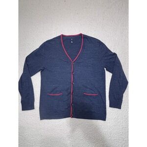 Gap Mens Cardigan Sweater XL Blue 100% Cotton Red Trim V-Neck Button Up Knit